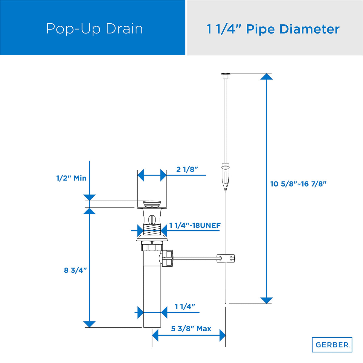 Gerber GA605254BS 1 1/4" 50/50 Pop-up Drain Assembly With Lift Rod - Satin Black