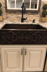 Premier Copper Products KASDB30229S 30-Inch Copper Hammered Kitchen Apron Single Basin Sink with Scroll Design, Oil Rubbed Bronze