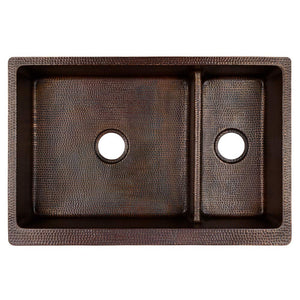 Premier Copper Products KA70DB33229-SD5 33-Inch Hammered Copper Kitchen Apron 70/30 Double Basin Sink with Short 5-Inch Divider…