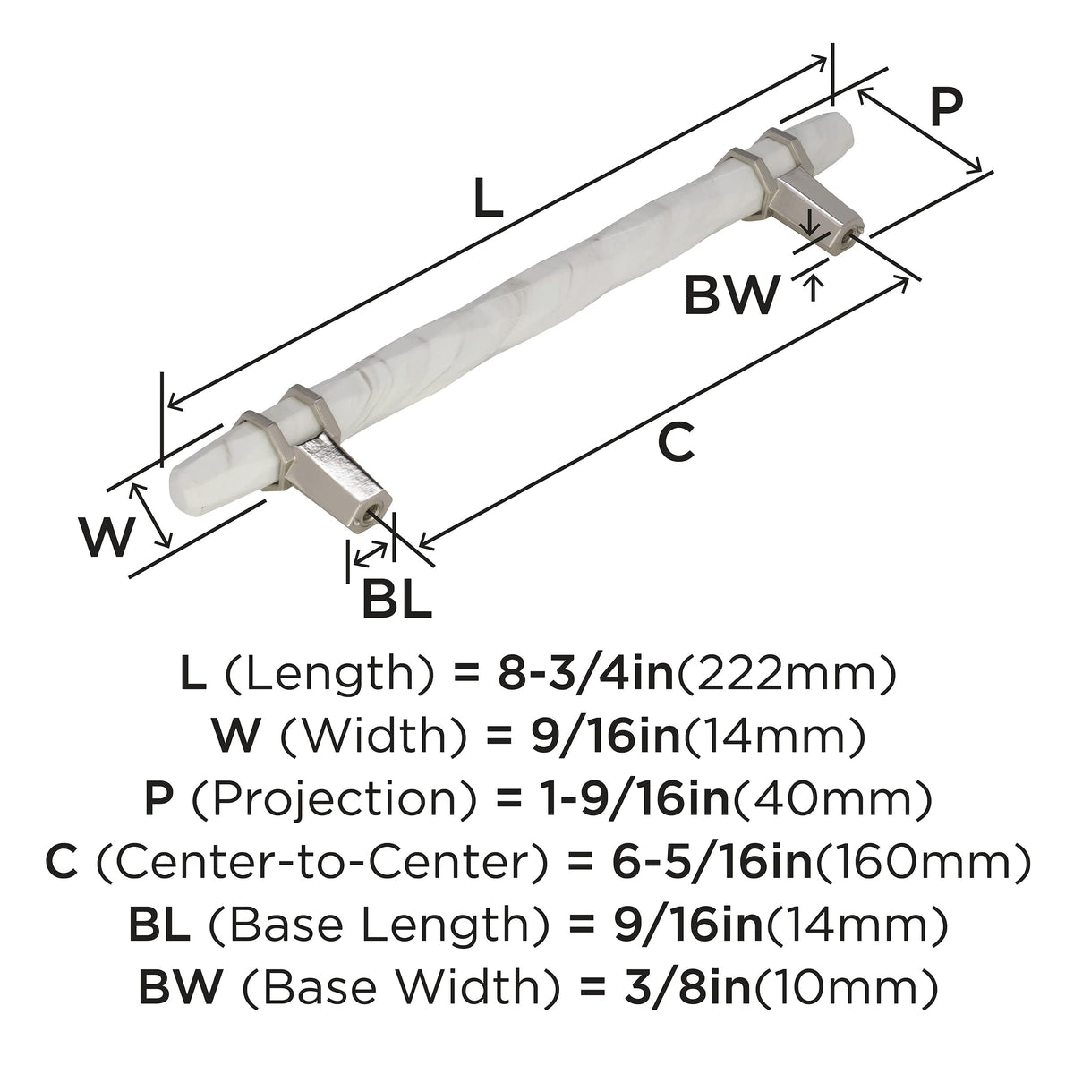 Amerock Cabinet Pull Marble White/Polished Nickel  6-5/16 inch (160 mm) Center to Center Carrione 1 Pack Drawer Pull Drawer Handle Cabinet Hardware