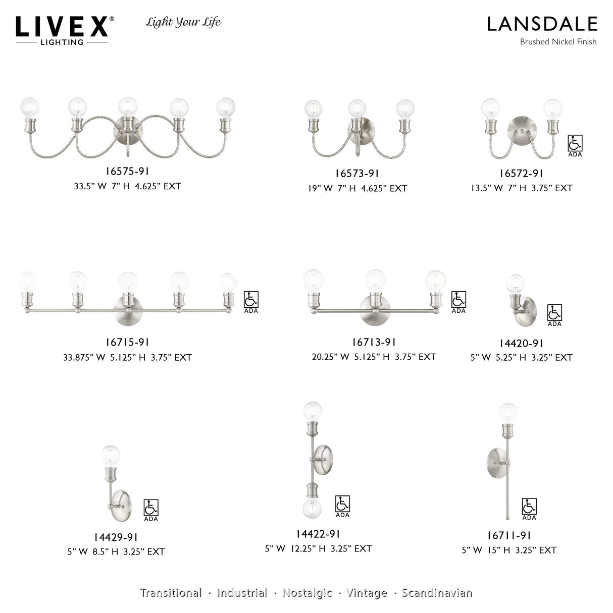 Livex Lighting 16575-91 Lansdale 5 Light Large Vanity Sconce, Brushed Nickel, 33.5 x 7