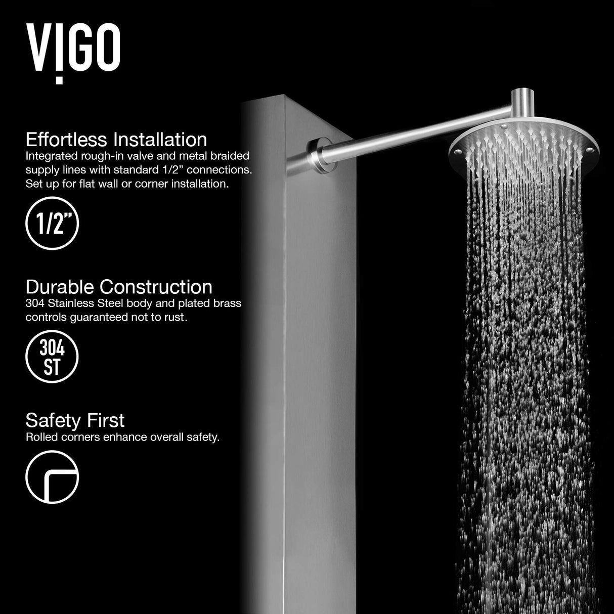 VIGO VG08001 Dilana 2.75" -6.25" W -66.88" H Shower Massage Panel 6 -Jet High Pressure Shower System with Thermostatic, Volume, Dual Function Control Type, Brass Hardware in Stainless Steel Finish