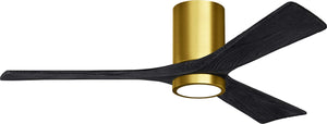 Matthews Fan IR3HLK-BRBR-BK-52 Irene-3HLK three-blade flush mount paddle fan in Brushed Brass finish with 52” solid matte black wood blades and integrated LED light kit.