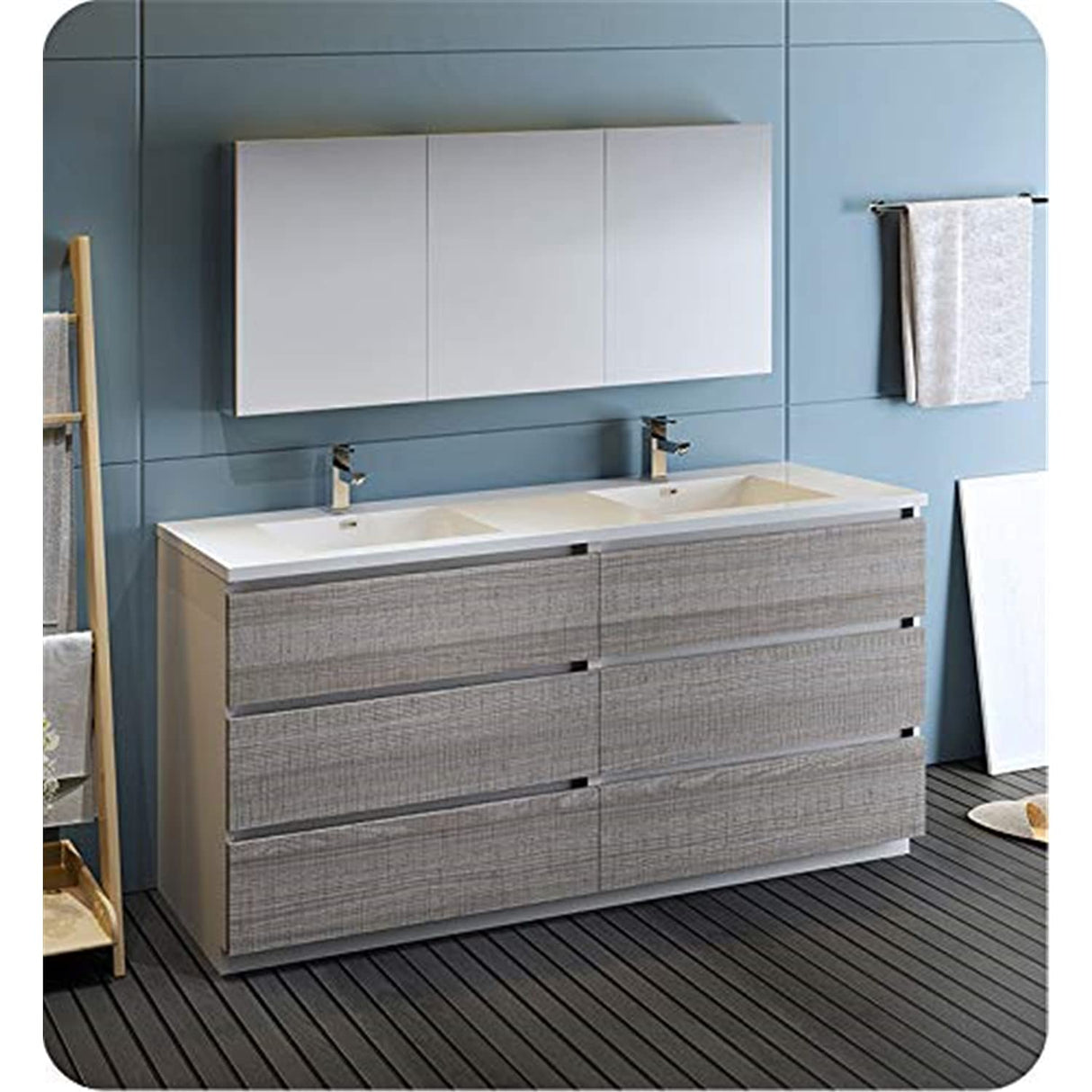 Fresca FVN93-3636HA-D Fresca Lazzaro 72" Glossy Ash Gray Free Standing Double Sink Modern Bathroom Vanity w/ Medicine Cabinet