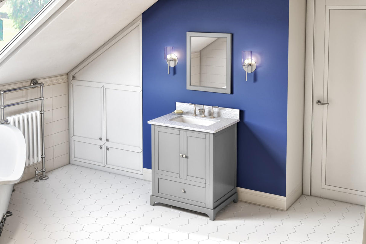 Jeffrey Alexander VKITADD30GRWCR 30" Grey Addington Vanity, White Carrara Marble Vanity Top, undermount rectangle bowl