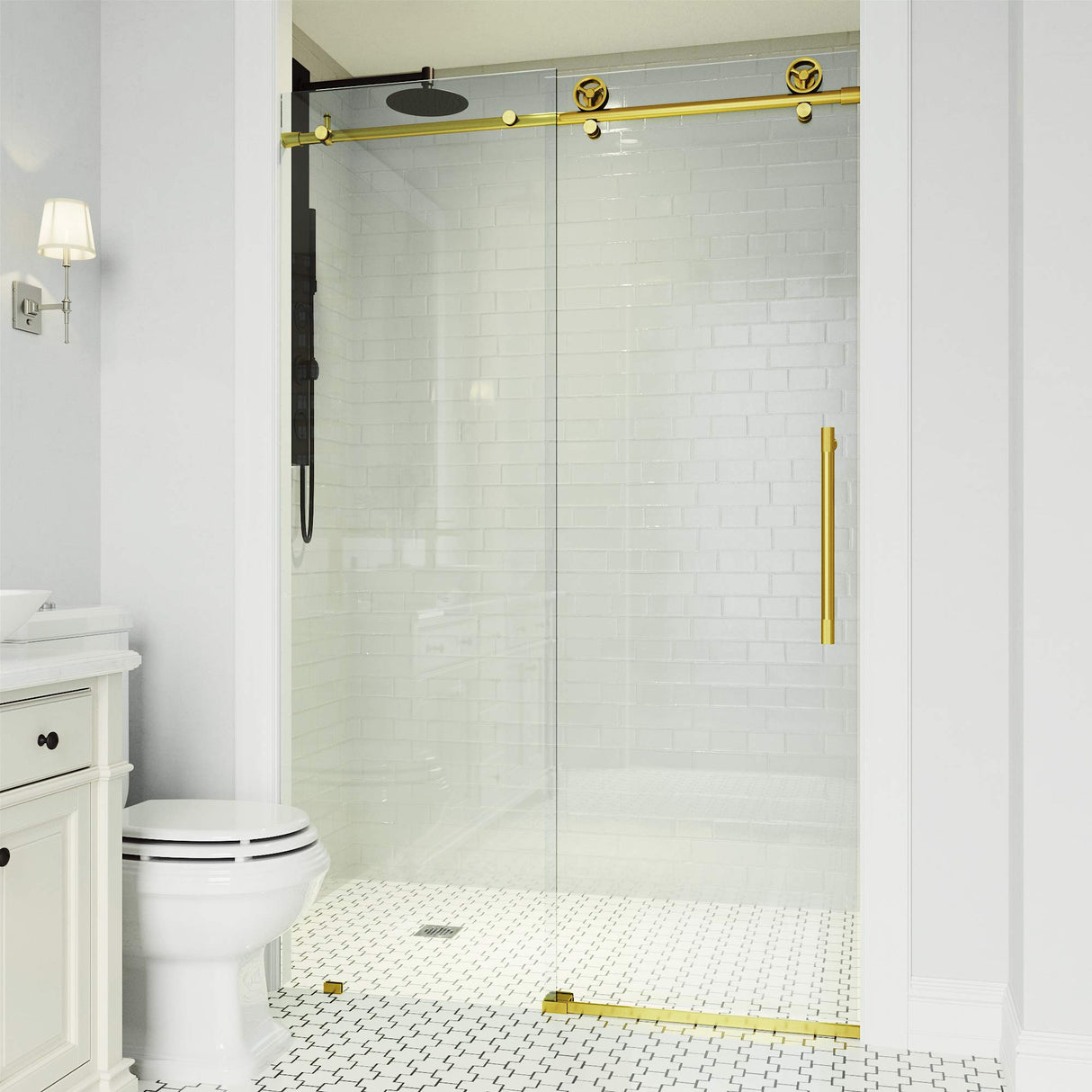 VIGO Adjustable 56-60"W x 76"H Elan Cass Aerodynamic Frameless Sliding Shower Door with Clear Tempered Glass, Reversible Door Handle and Stainless Steel Hardware in Matte Brushed Gold-VG6044MGCL6076