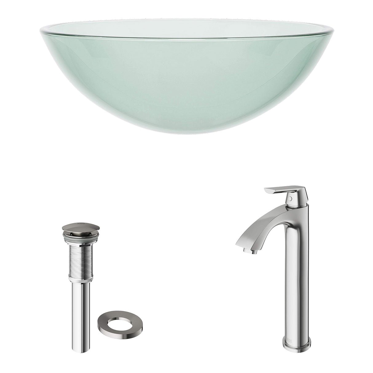 VIGO VGT895 16.5" L -16.5" W -12.38" H Handmade Countertop Glass Round Vessel Bathroom Sink Set in Iridescent Finish with Brushed Nickel Single-Handle Single Hole Faucet and Pop Up Drain