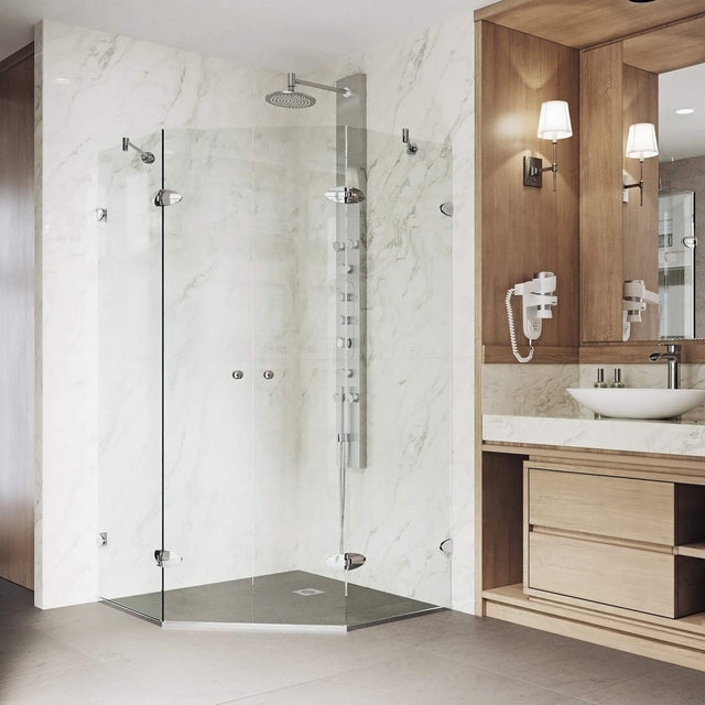 VIGO VG6063CHCL42 40.0" -40.0" W -73.38" H Frameless Hinged Neo-angle Shower Enclosure with Clear 0.38" Tempered Glass and Stainless Steel Hardware in Chrome Finish with Reversible Handle
