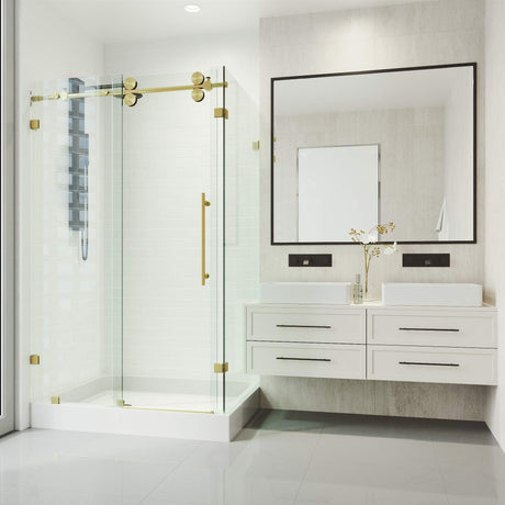 VIGO 48"W x 80"H Winslow Frameless Sliding Rectangle Shower Enclosure with Clear Tempered Glass, Right Door Handle and Stainless Steel Hardware in Matte Brushed Gold and Left Base-VG6051MGCL48WL