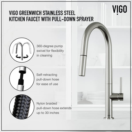 VIGO Greenwich Matte Steel Kitchen Faucet with Pull-Down Sprayer | Solid Brass Faucet for Kitchen Sink with 1.8 GPM Spout | Single-Handle Kitchen Sink Faucet with Dual Functioning Sink Sprayer