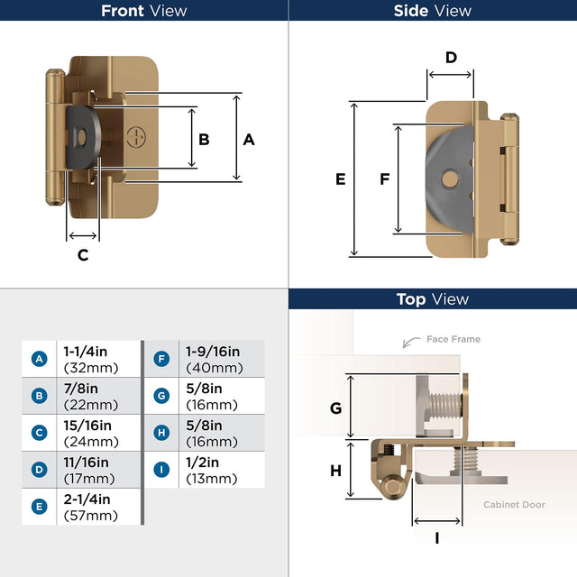 Amerock BPR8704CZ Cabinet Hinge 1/2 in (13 mm) Overlay Double Demountable Champagne Bronze Kitchen Cabinet Door Hinge 1 Pair/2 Pack Functional Hardware