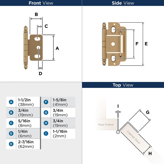 Amerock PK3180TBCZ Cabinet Hinge 3/4 in. (19 mm) Door Thickness Full Inset Partial Wrap Ball Tip Champagne Bronze Kitchen Cabinet Door Hinge Single Hinge Functional Hardware