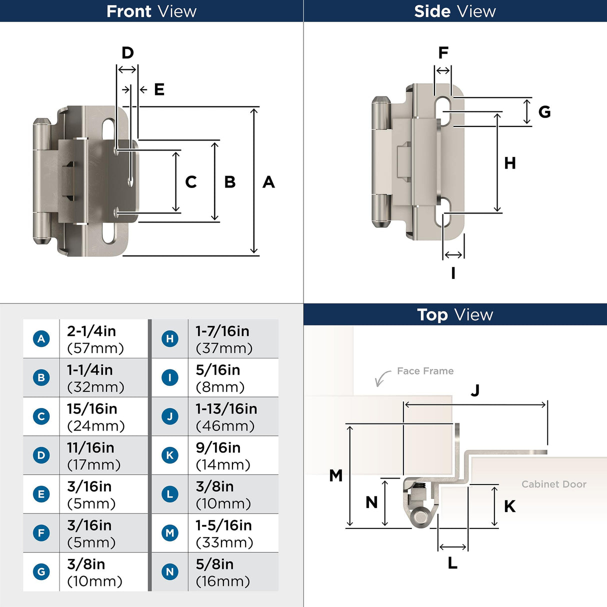 Amerock Cabinet Hinge 3/8 inch (10 mm) Inset Hinge Satin Nickel 2 Pack Self-Closing Hinge Partial Wrap Hinge Cabinet Door Hinge