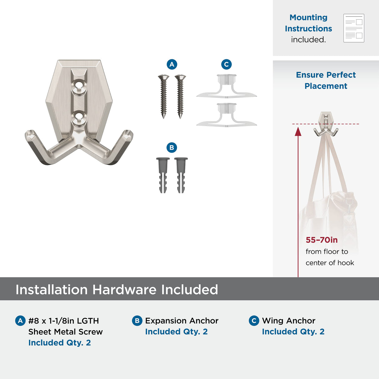 Amerock H37008G10 Benton Double Prong Decorative Wall Hook Satin Nickel Hook for Coats, Hats, Backpacks, Bags Hooks for Bathroom, Bedroom, Closet, Entryway, Laundry Room, Office