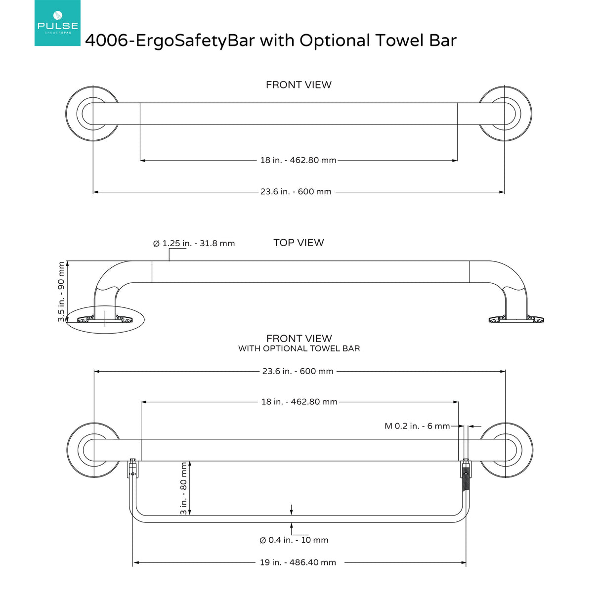 PULSE Showerspas 4006-ORB ErgoSafetyBar, ADA Compliant Stainless Steel Grab Bar, Oil-Rubbed Bronze