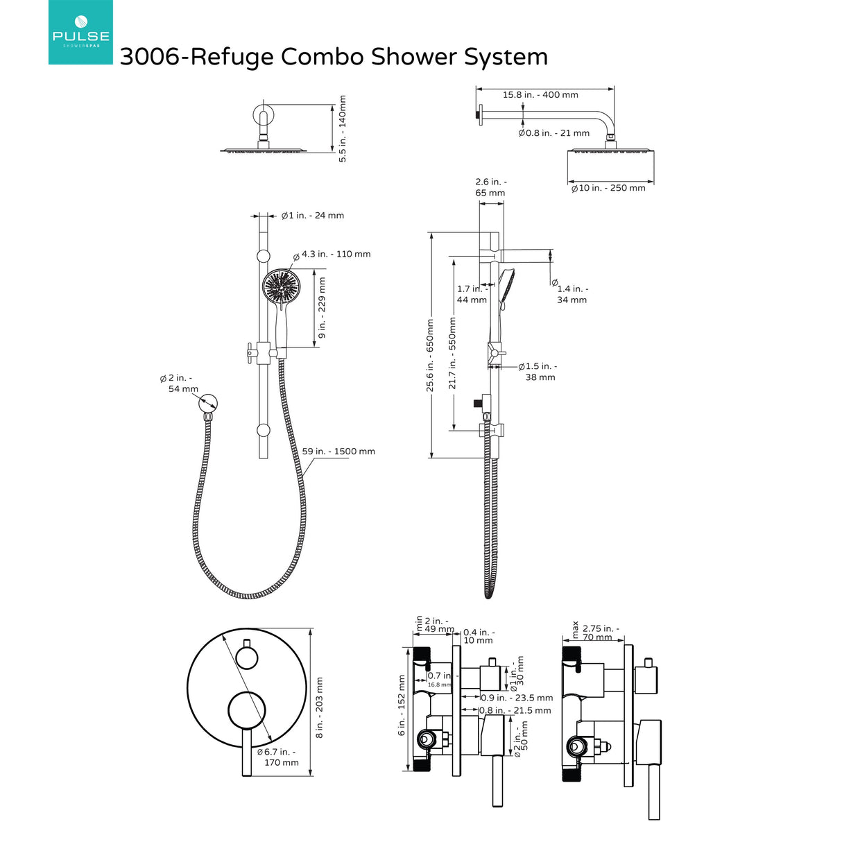 PULSE ShowerSpas 3006-MB-1.8GPM Matte Black Combo Shower System, 1.8 GPM