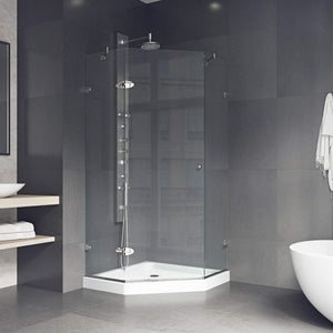 VIGO VG6061BNCL38WS 38.0" -38.13"W -76.75"H Frameless Hinged Neo-angle Shower Enclosure with Clear 0.38" Tempered Glass Stainless Steel Hardware in Brushed Nickel Finish, Reversible Handle and Base