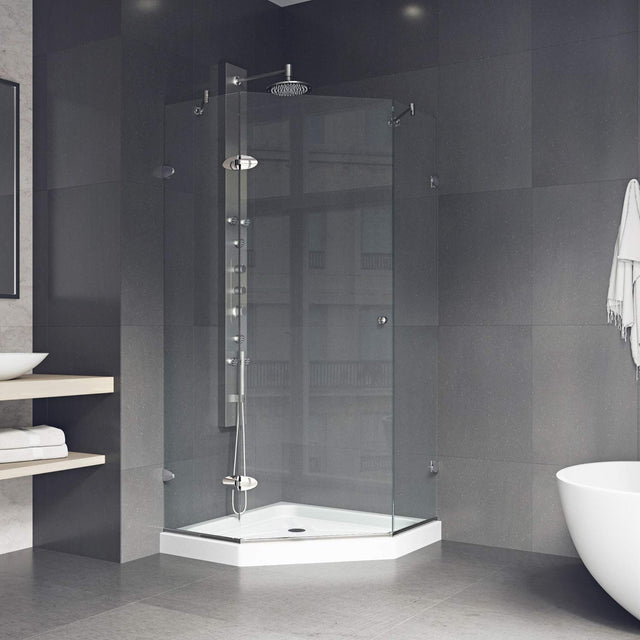 VIGO VG6061BNCL38WS 38.0" -38.13"W -76.75"H Frameless Hinged Neo-angle Shower Enclosure with Clear 0.38" Tempered Glass Stainless Steel Hardware in Brushed Nickel Finish, Reversible Handle and Base