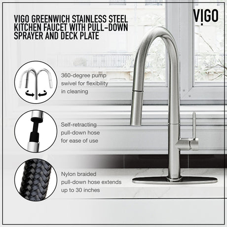 VIGO VG02029STK1 18" H Greenwich Single-Handle with Pull-Down Sprayer Kitchen Faucet with Deck Plate in Stainless Steel