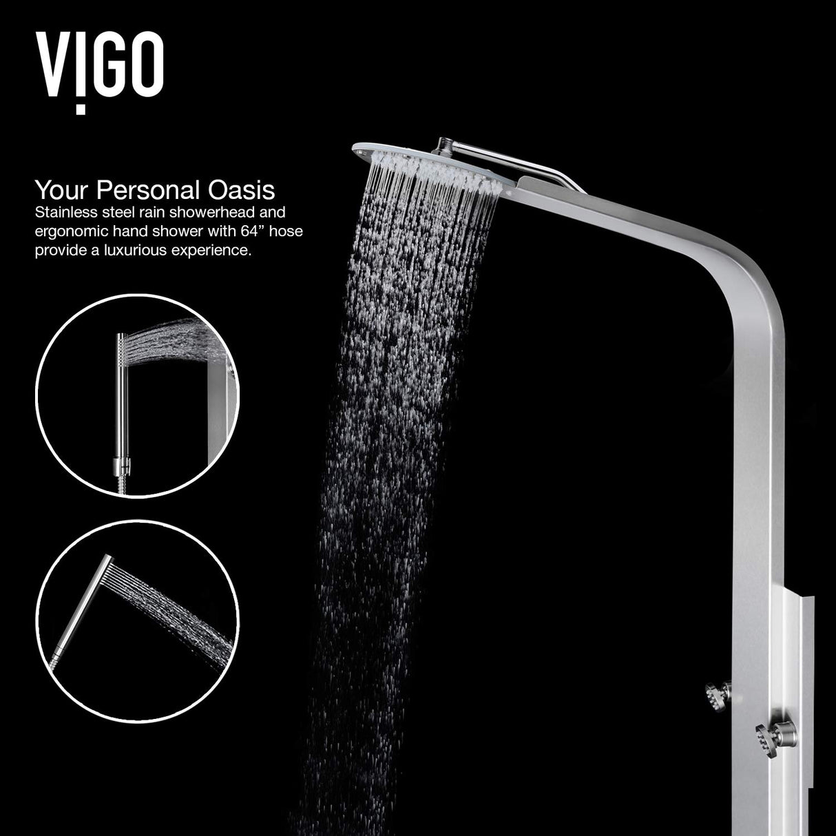 VIGO VG08008 Mateo 20.5" -7.13" W -59.5" H Shower Massage Panel 6 -Jet High Pressure Shower System with Thermostatic, Volume, Dual Function Control Type, Brass Hardware in Stainless Steel Finish