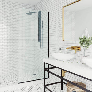 VIGO Zenith Fixed Glass Shower Wall Panels | Frameless Tempered Shower Glass Panel for Open Walk-in Bathroom (3" L x 34.125" W x 74" H) | Clear Glass Shower Panel with Matte Black Hardware Finish