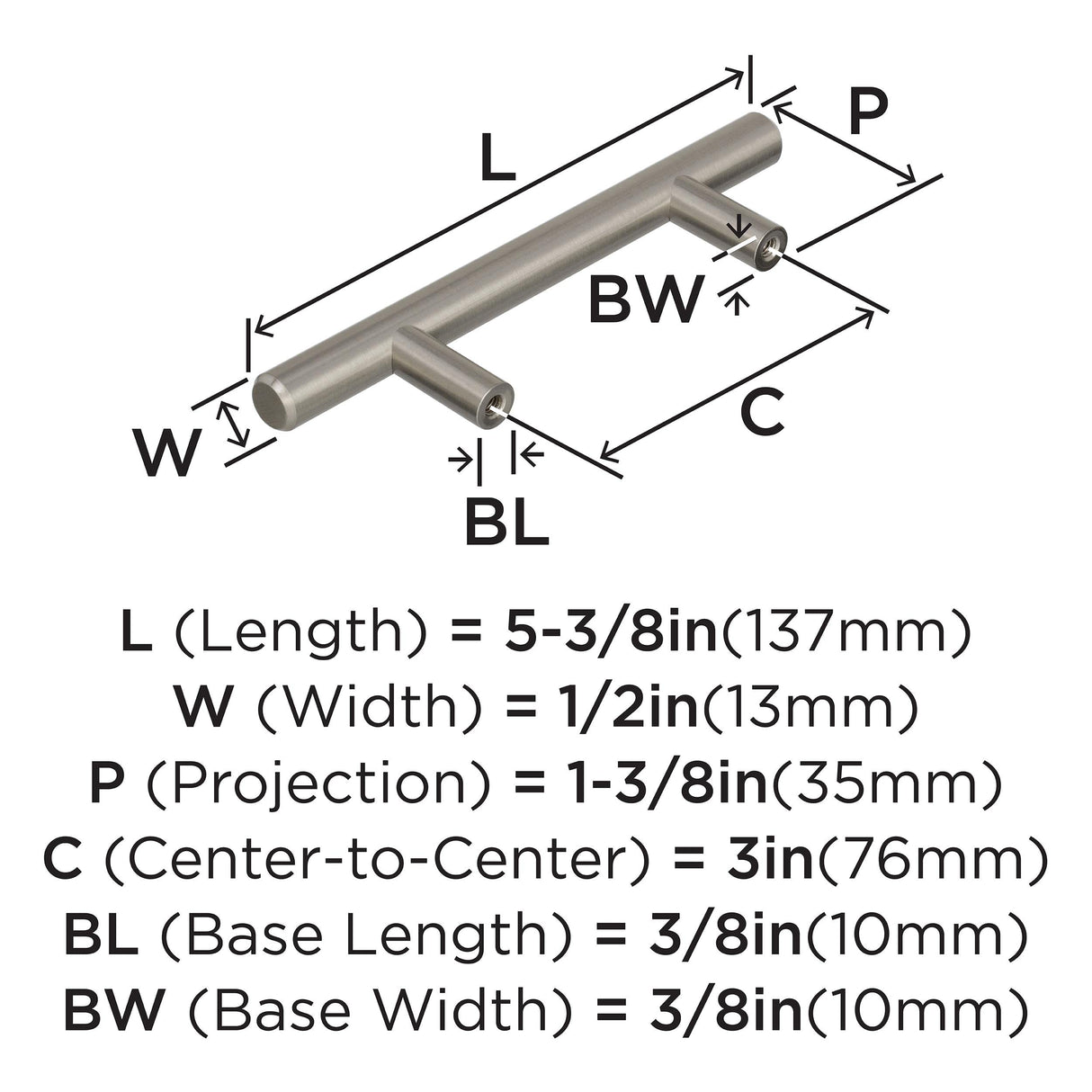 Amerock Cabinet Pull Sterling Nickel 3 inch (76 mm) Center to Center Bar Pulls 1 Pack Drawer Pull Drawer Handle Cabinet Hardware