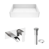 VIGO VGT963 13.88" L -21.25" W -3.13" H Handmade Countertop White Matte Stone Rectangle Vessel Bathroom Sink Set in Matte White Finish with Chrome Single-Handle Wall Mount Faucet and Pop Up Drain