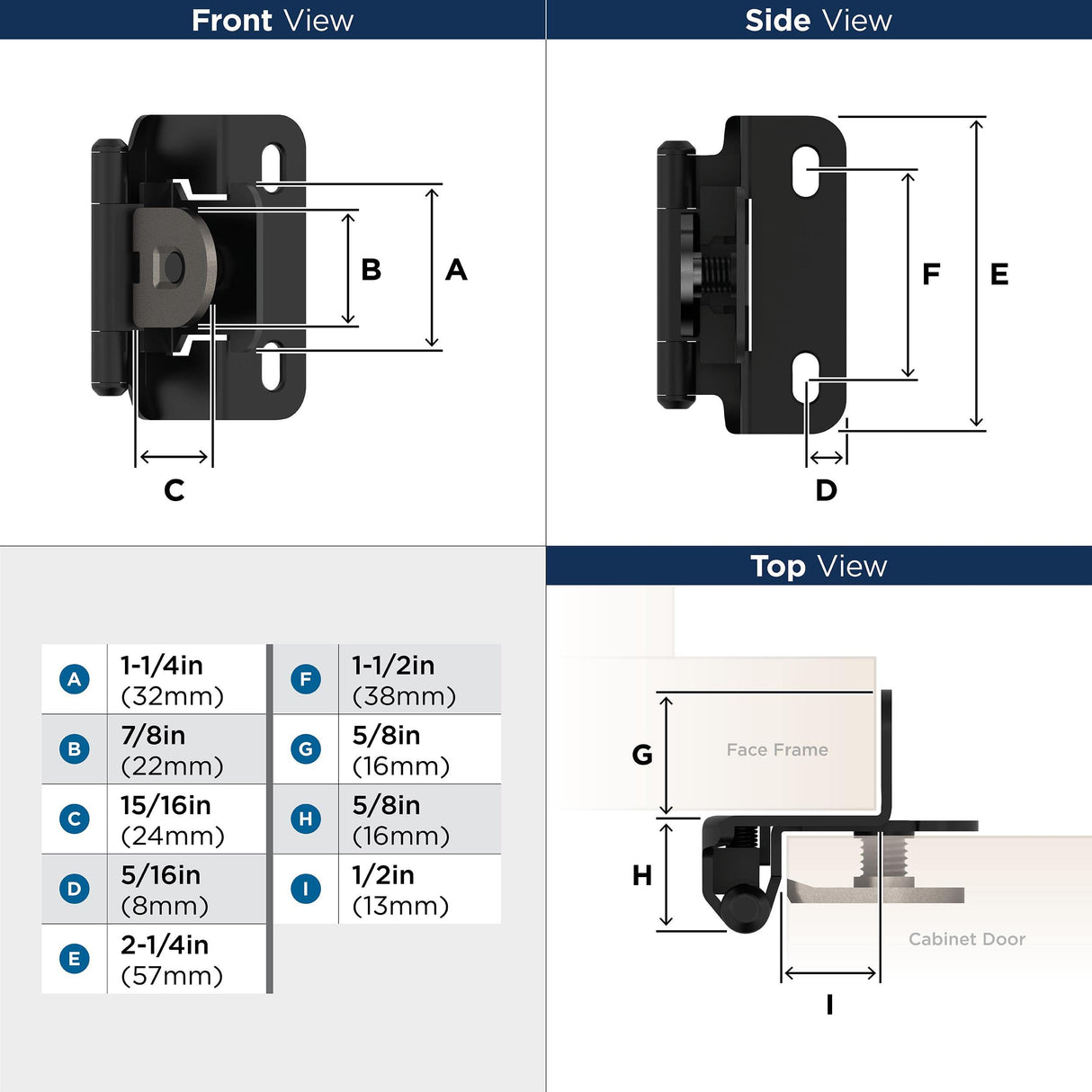 Amerock BPR8719FB Cabinet Hinge 1/2 in (13 mm) Overlay Single Demountable Partial Wrap Matte Black Kitchen Cabinet Door Hinge 1 Pair/2 Pack Functional Hardware