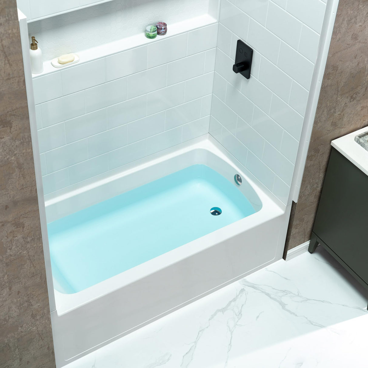 New England Home Goods 60” x 32” Four-Piece Direct-to-Stud Alcove Tub Surround with Left-Drain Hole Soaking Bathtub Combo in White