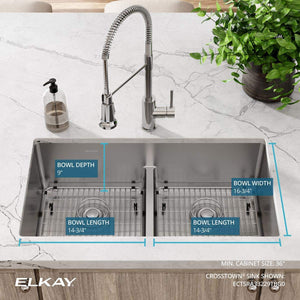 Elkay Crosstown ECTSRA33229TBG0 Equal Double Bowl Dual Mount Stainless Steel Kitchen Sink Kit with Aqua Divide