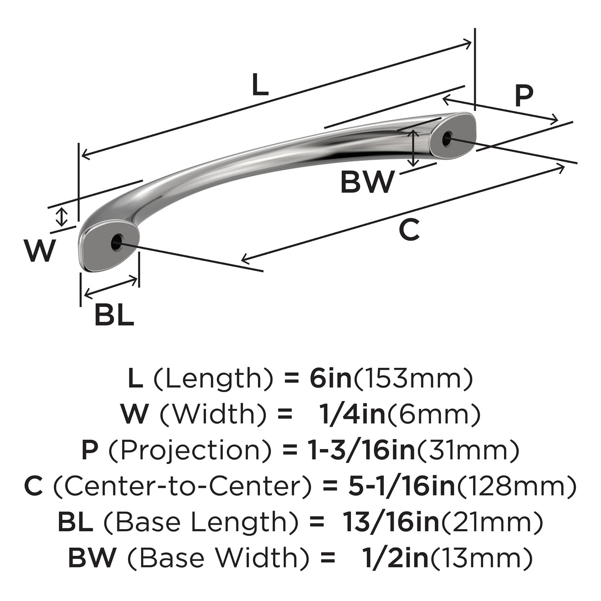 Amerock BP3723126 Polished Chrome Cabinet Pull 5-1/16 inch (128mm) Center-to-Center Cabinet Hardware Vaile Furniture Hardware Drawer Pull