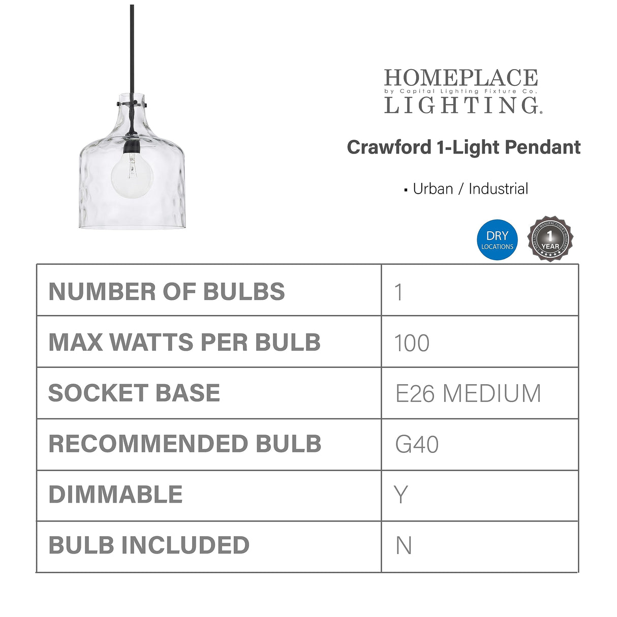 Capital Lighting 325717MB Crawford 1 Light Pendant Matte Black