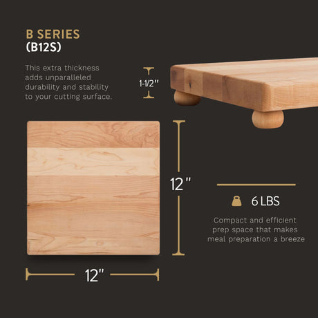 John Boos B12S Small Maple Cutting Board for Kitchen Prep 12 x Inches, 1.5 Inches Thick Edge Grain Square Charcuterie Block with Wooden Bun Feet 12X12X1.5 MPL-EDGE GR-MPL BUN FT