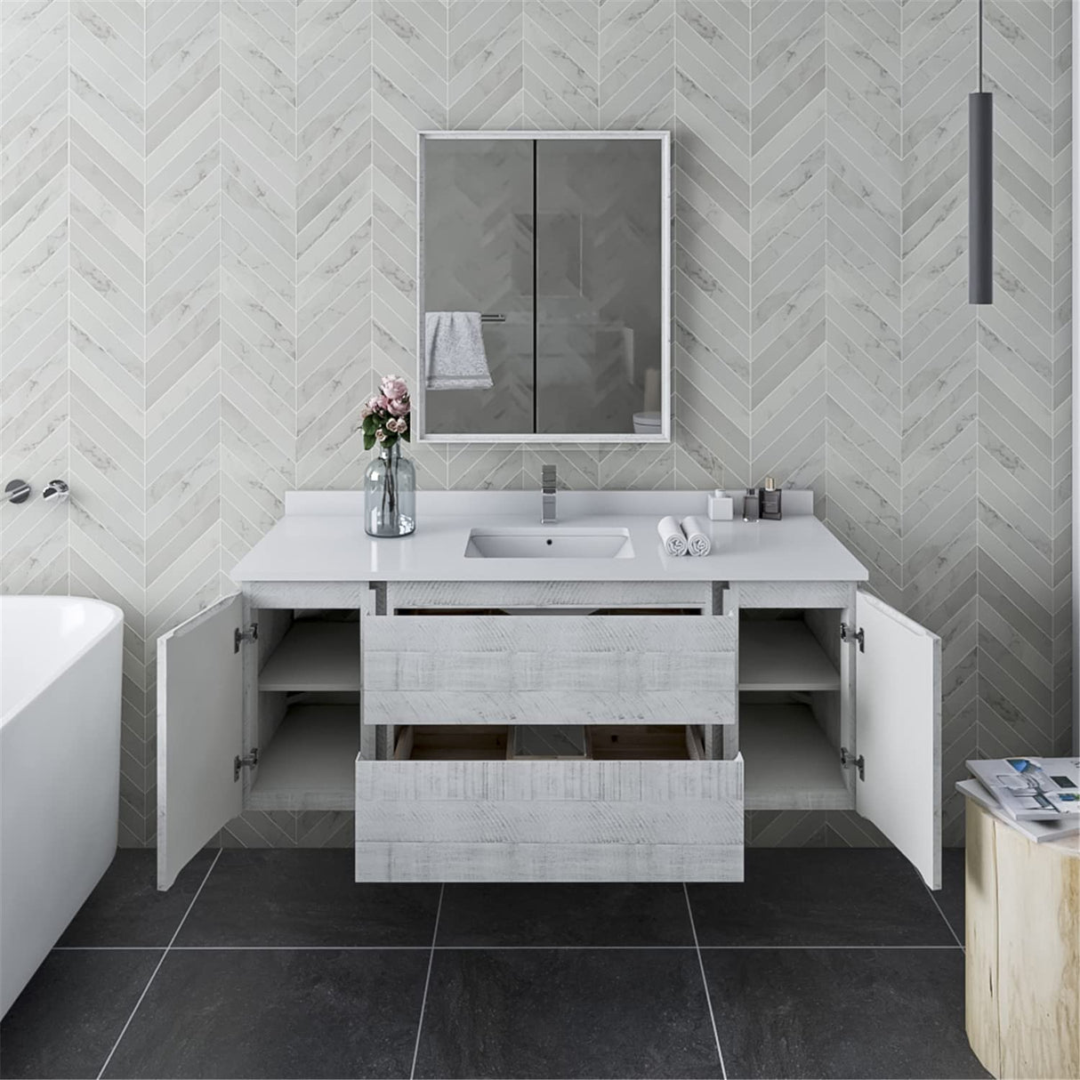 Fresca FVN31-123012RWH Fresca Formosa 54" Wall Hung Modern Bathroom Vanity w/ Mirror in Rustic White