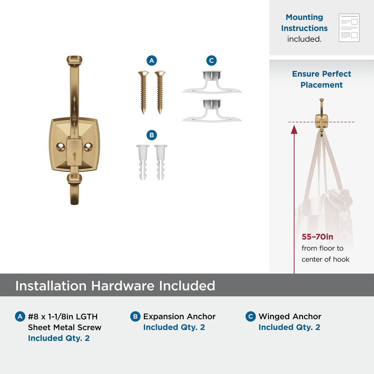 Amerock H37002CZ Kinsale Double Prong Decorative Wall Hook Champagne Bronze Hook for Coats, Hats, Backpacks, Bags Hooks for Bathroom, Bedroom, Closet, Entryway, Laundry Room, Office