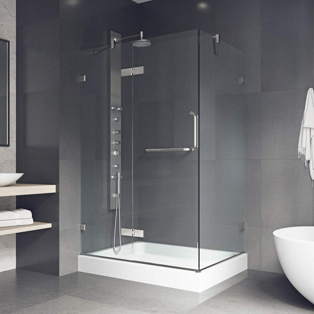 VIGO 32 in. x 48 in. x 79 in. Monteray Frameless Hinged Rectangle Shower Enclosure with Clear 0.38" Tempered Glass and Hardware in Brushed Nickel Finish with Right Handle and Base - VG6011BNCL48WL