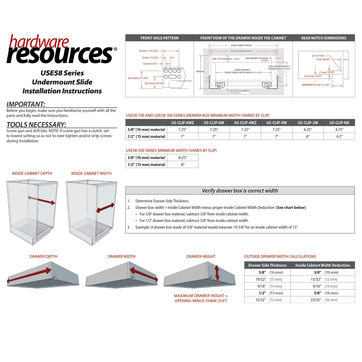 Hardware Resources USE58-21 21" Standard Duty Soft-close 100 lb Full Extension Undermount Slide Kit - Includes Clips, Rear Brackets & Screws