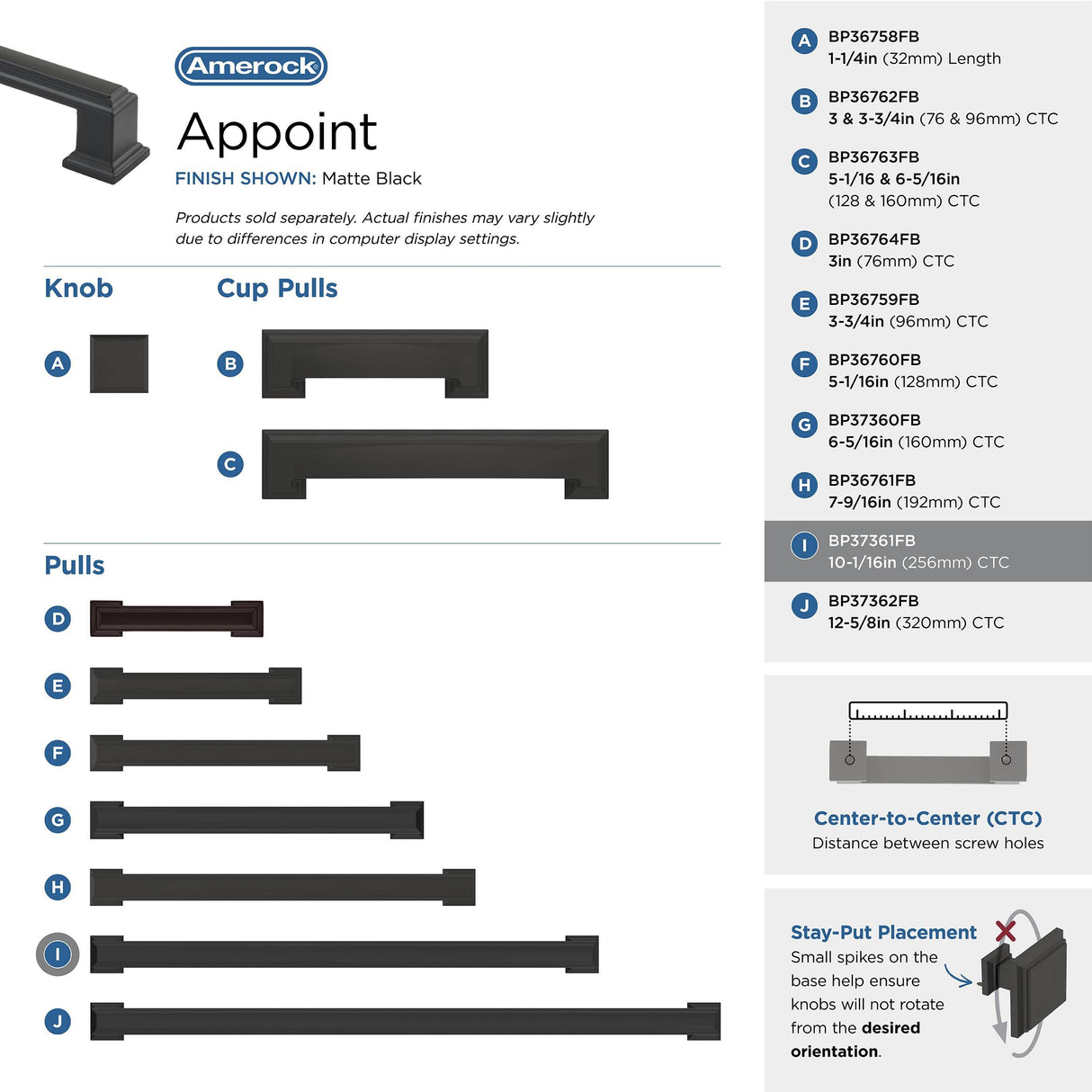 Amerock BP37361FB Matte Black Cabinet Pull 10-1/16 in (256 mm) Center-to-Center Cabinet Handle Appoint Drawer Pull Kitchen Cabinet Handle Furniture Hardware