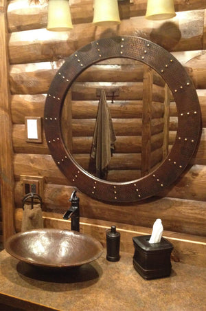 Premier Copper Products MFR3434-RI 34-Inch Hand Hammered Round Copper Mirror with Hand Forged Rivets