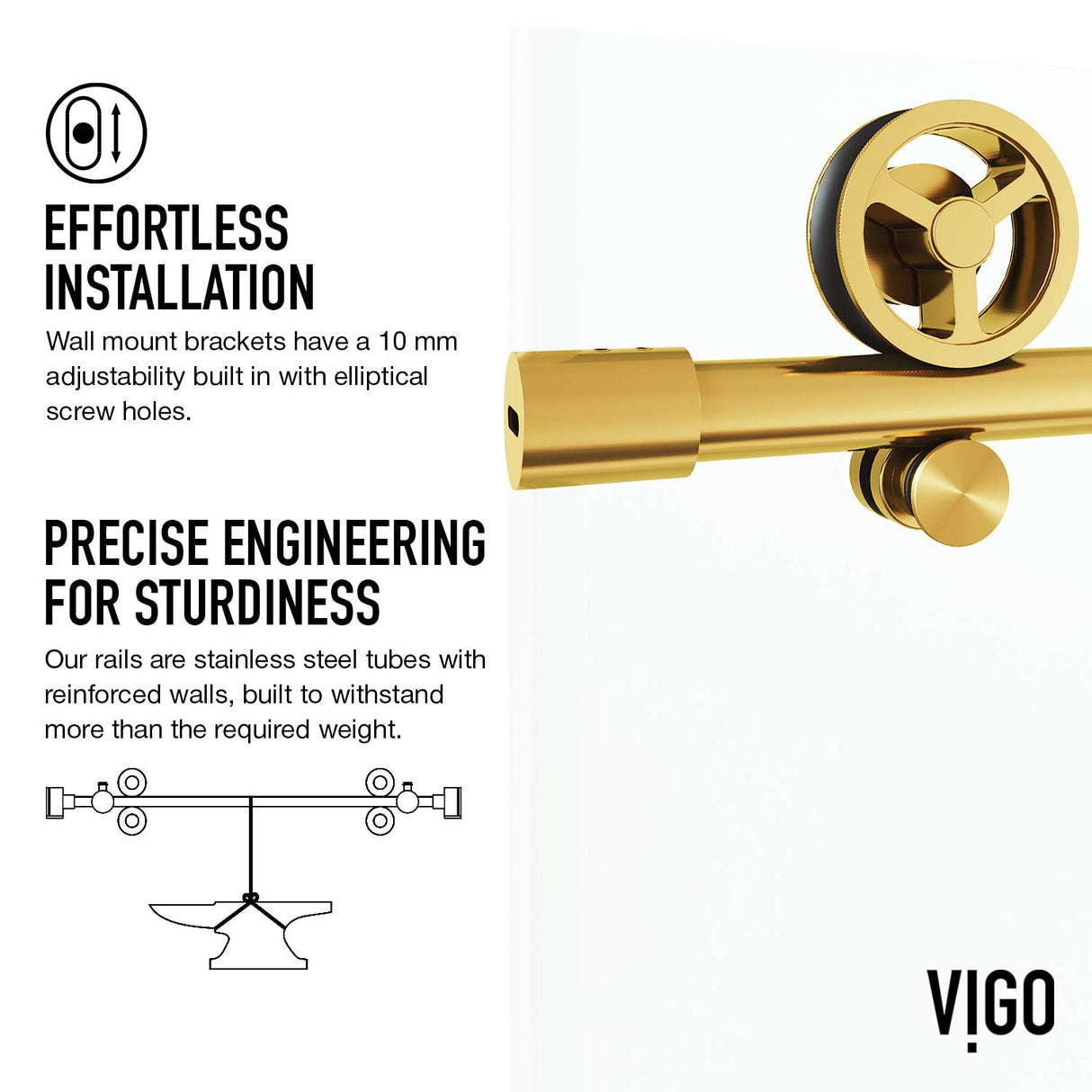 VIGO Adjustable 56-60"W x 76"H Elan Cass Aerodynamic Frameless Sliding Shower Door with Clear Tempered Glass, Reversible Door Handle and Stainless Steel Hardware in Matte Brushed Gold-VG6044MGCL6076