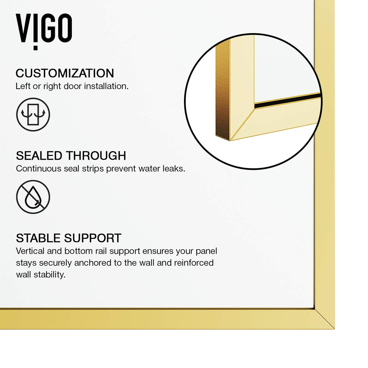 VIGO 34" W x 74" H Meridian Framed Fixed Rectangle Shower Screen with Clear Tempered Glass, Door Handle and Stainless Steel Hardware in Matte Brushed Gold-VG6077MGCL3474