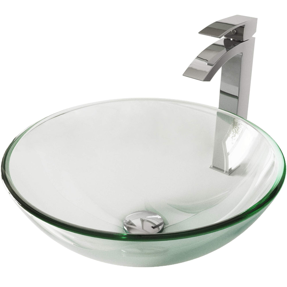 VIGO VGT890 16.5" L -16.5" W -12.0" H Handmade Countertop Glass Round Vessel Bathroom Sink Set in Iridescent Finish with Chrome Single-Handle Single Hole Faucet and Pop Up Drain