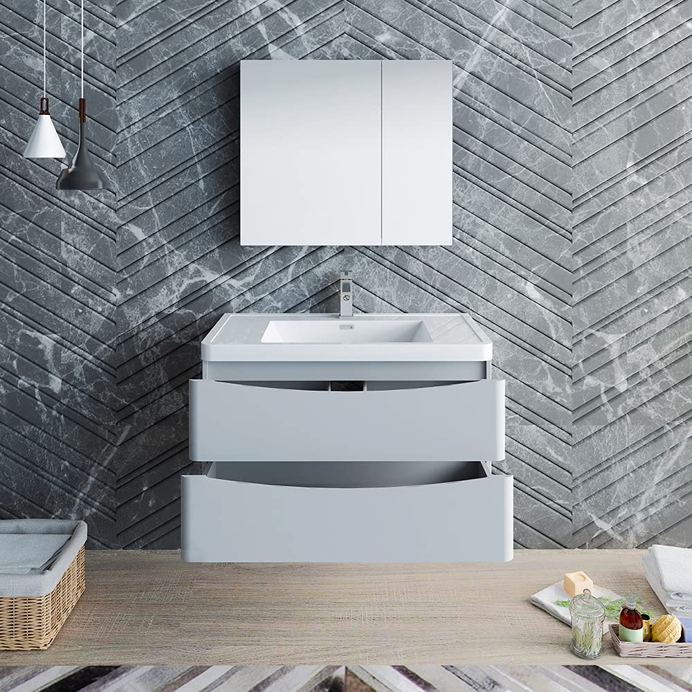 Fresca FVN9036GRG Fresca Tuscany 36" Glossy Gray Wall Hung Modern Bathroom Vanity w/ Medicine Cabinet