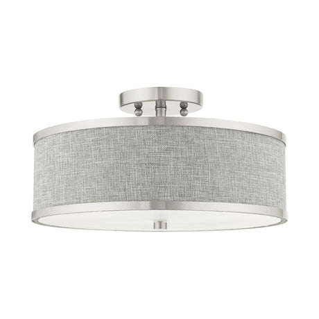 Livex Lighting 60423-91 Park Ridge Collection 3-Light Semi Flush Mount Ceiling Light with Oatmeal Color Hardback Fabric Shade, Brushed Nickel