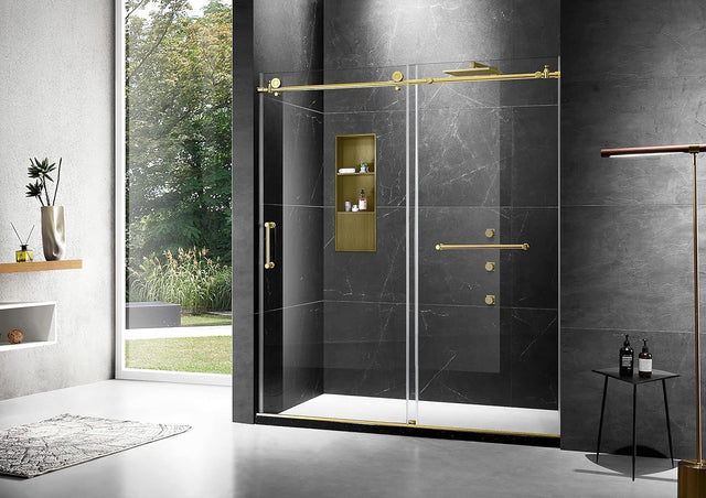 Elegant 48''×76'' Frameless Shower Door, Frameless Single Sliding Shower Door, 3/8”(10mm) Clear Tempered Glass, Stainless Steel Hardware with Towel Bar, in Polished Gold Finish