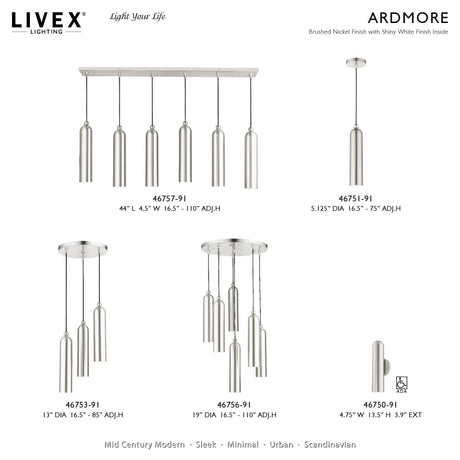 Livex Lighting 46751-91 Ardmore 1 Light 5 inch Brushed Nickel Pendant Ceiling Light