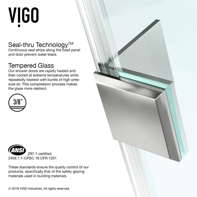 VIGO 30 in. x 30 in. x 73 in. Monteray Frameless Hinged Square Shower Enclosure with Clear 0.38" Tempered Glass and Hardware in Brushed Nickel Finish with Reversible Handle - VG6011BNCL32