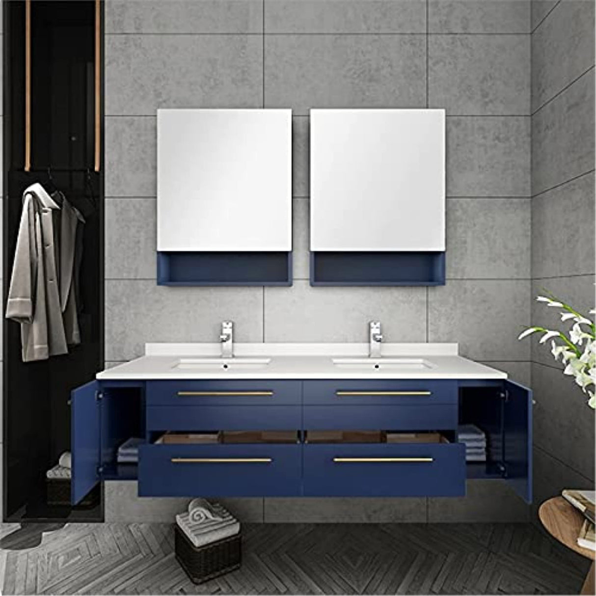 Fresca FVN6160RBL-UNS-D Fresca Lucera 60" Royal Blue Wall Hung Double Undermount Sink Modern Bathroom Vanity w/ Medicine Cabinets