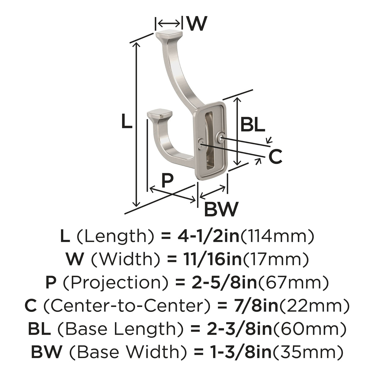 Amerock H37007G10 Alder Double Prong Decorative Wall Hook Satin Nickel Hook for Coats, Hats, Backpacks, Bags Hooks for Bathroom, Bedroom, Closet, Entryway, Laundry Room, Office