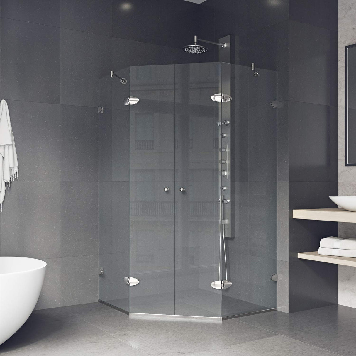 VIGO VG6063BNCL47 45.63" -45.63" W -73.38" H Frameless Hinged Neo-angle Shower Enclosure with Clear 0.38" Tempered Glass and Stainless Steel Hardware in Brushed Nickel Finish with Reversible Handle